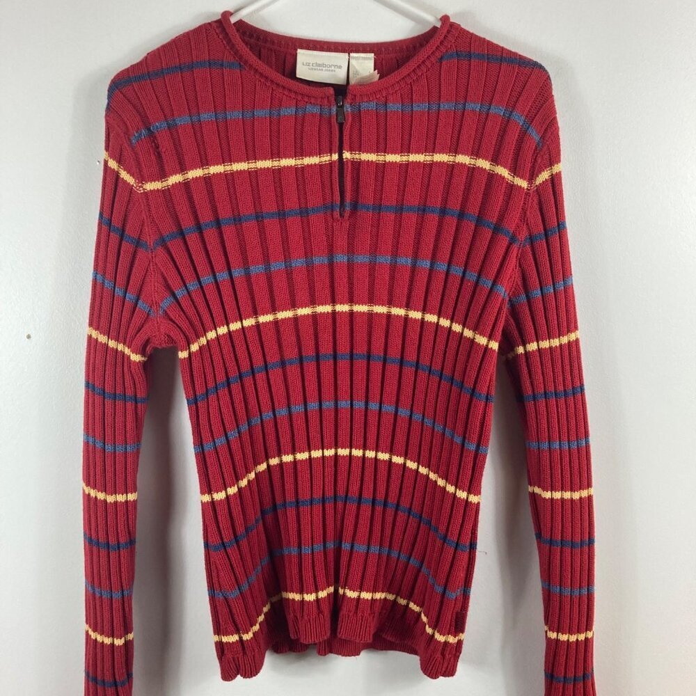 Womens Vintage Y2K Liz Claiborne Red Multicolored Stripe 1/4 Zip Sweater L